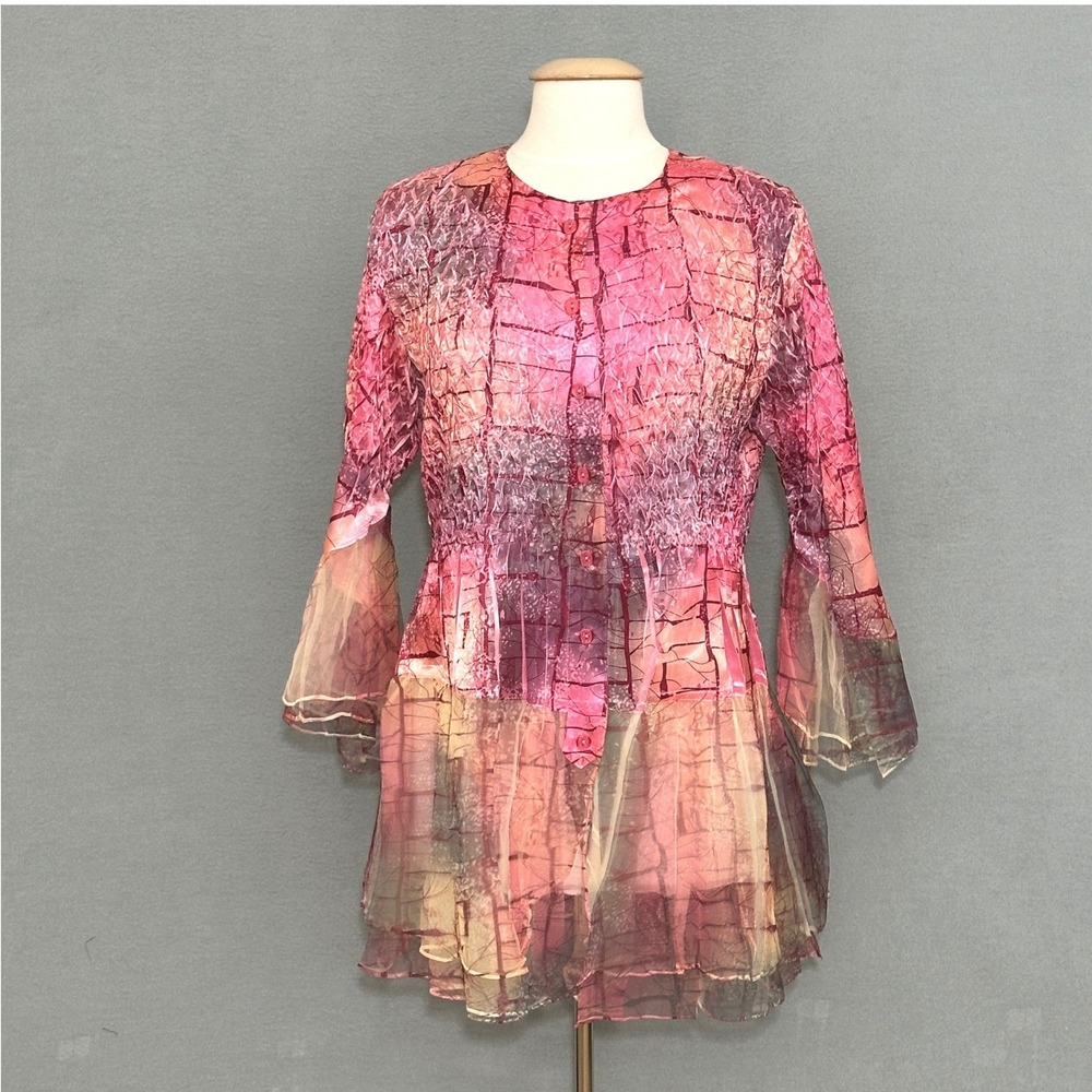 Jerry T Womens Top L Pink Colorful Crinkle Abstract Smocked Tunic Boho‎ Artsy - Picture 2 of 11